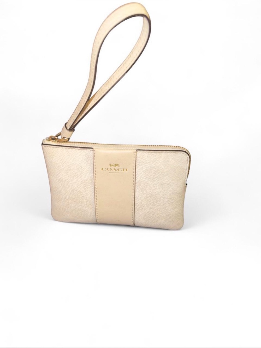 COACH Beige Leather Wristlet Clutch with Gold Logo